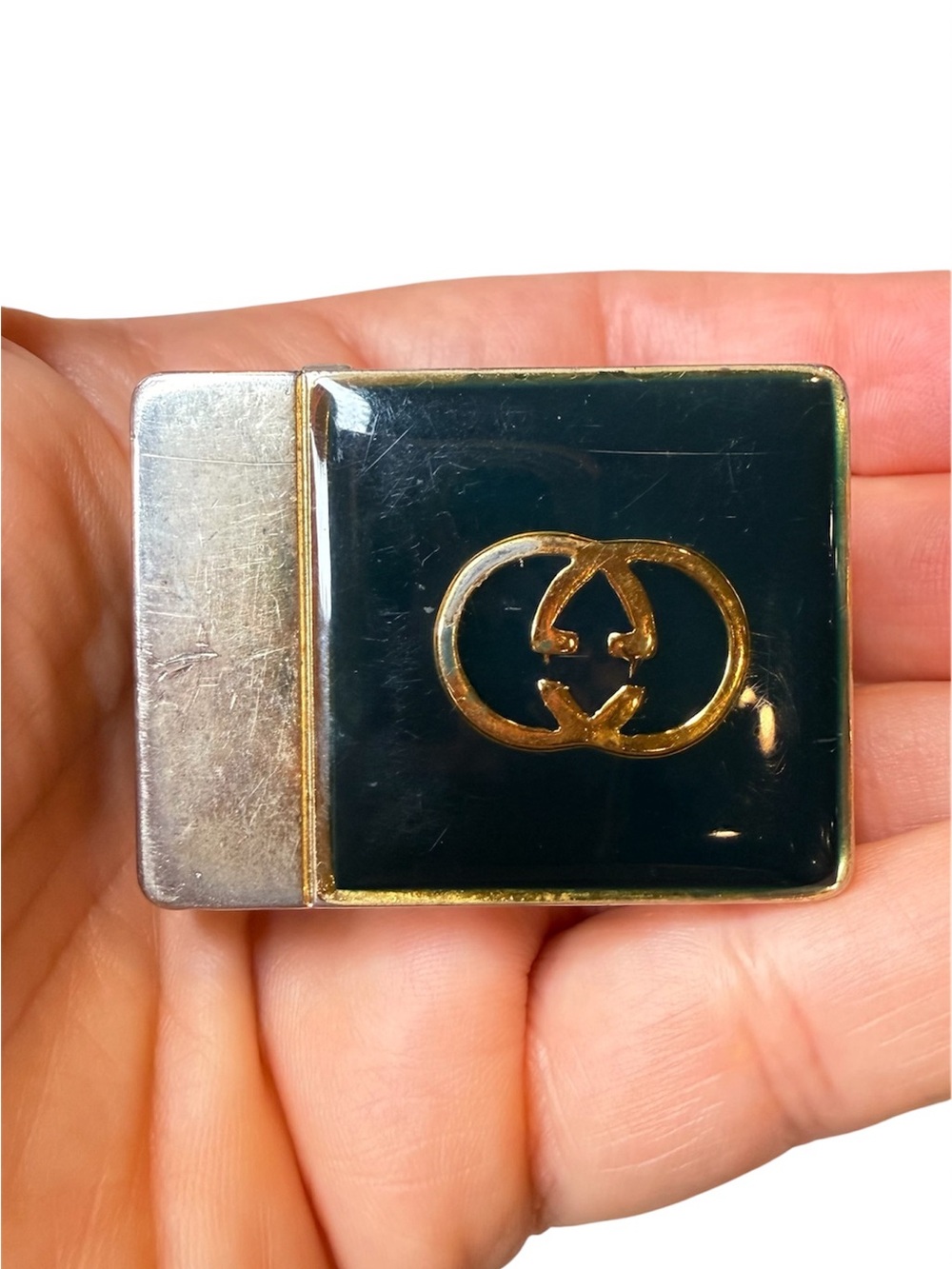 Vintage Gucci Green Enamel Belt Buckle Gold GG Logo Made in Italy